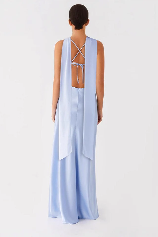 Satin V-Neck Tie-Back Maxi Luxury Party Dress - Image 5