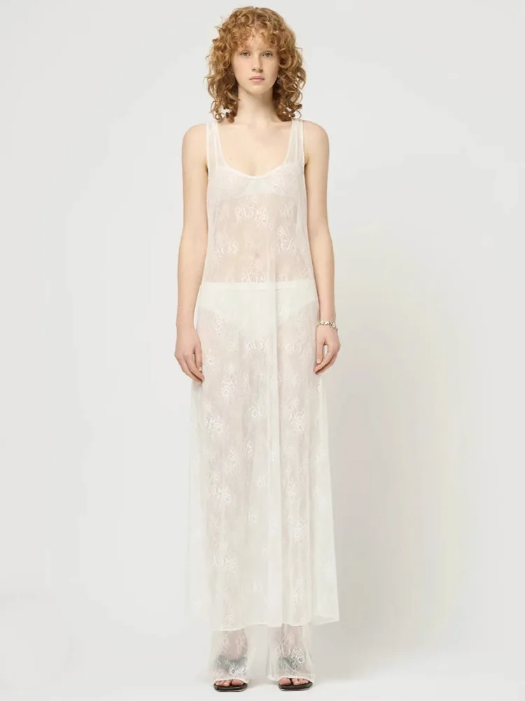 See Through Lace Hollow Out U Neck Sleeveless Vacation Dress