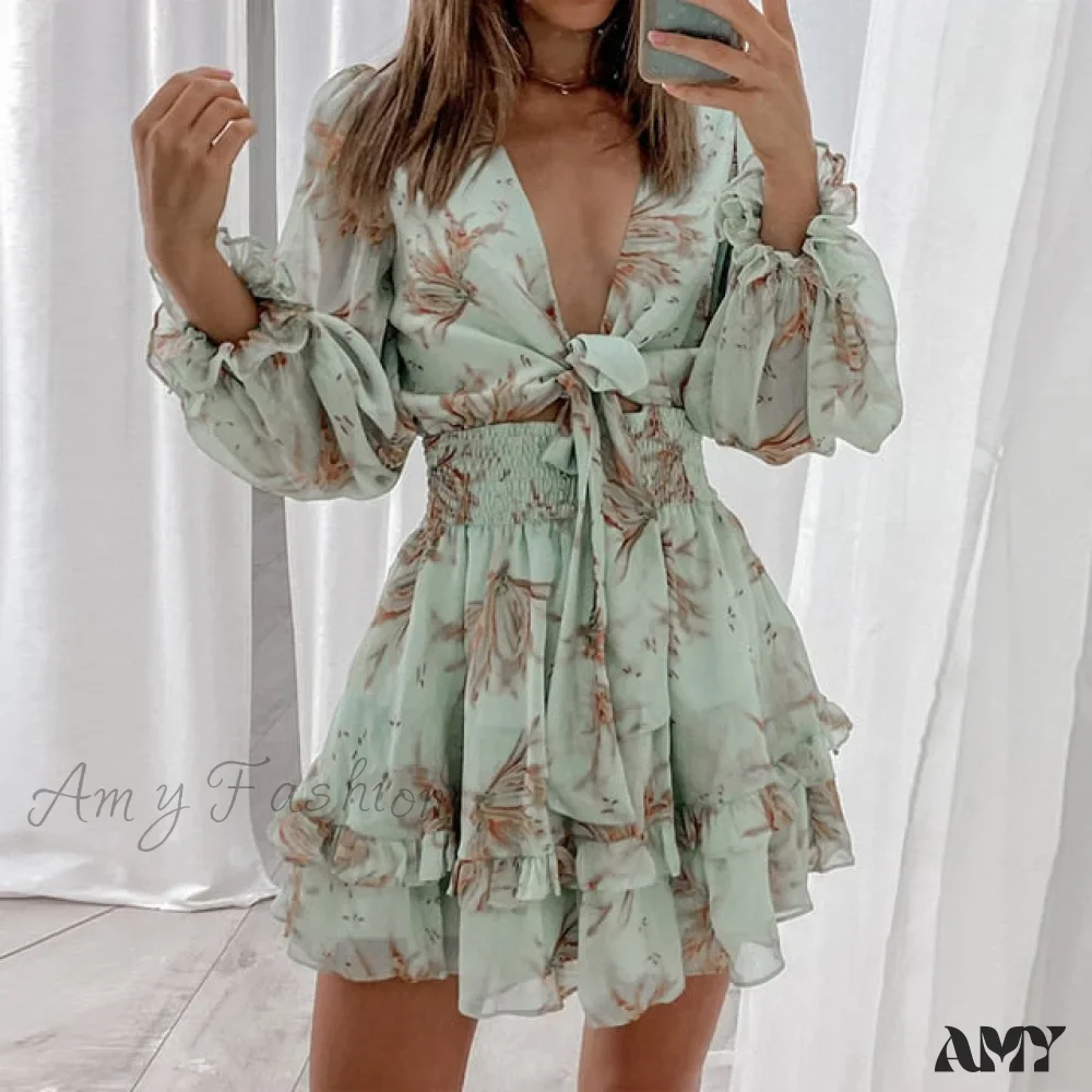 Amy Fashion - Self-tie Knot Front Ruffles Leopard Dress - Image 3