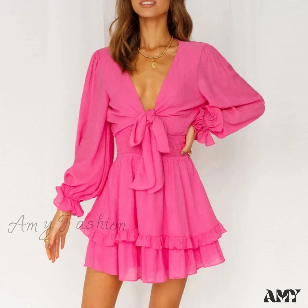 Amy Fashion - Self-tie Knot Front Ruffles Leopard Dress - Image 5