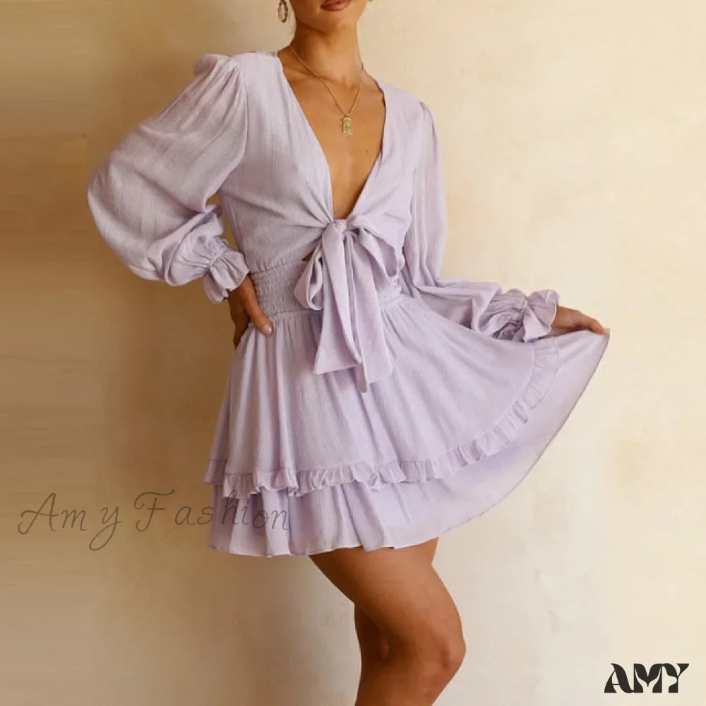 Amy Fashion - Self-tie Knot Front Ruffles Leopard Dress - Image 7