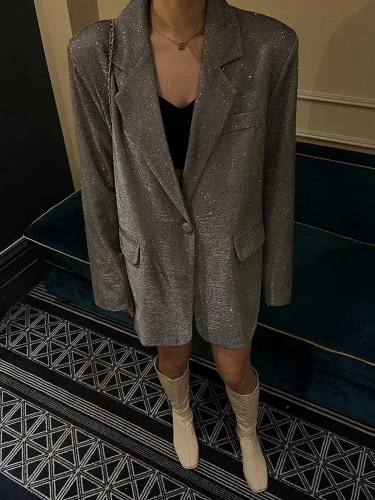 Sequin Glitter Pocket Lapel Coat - Image 2