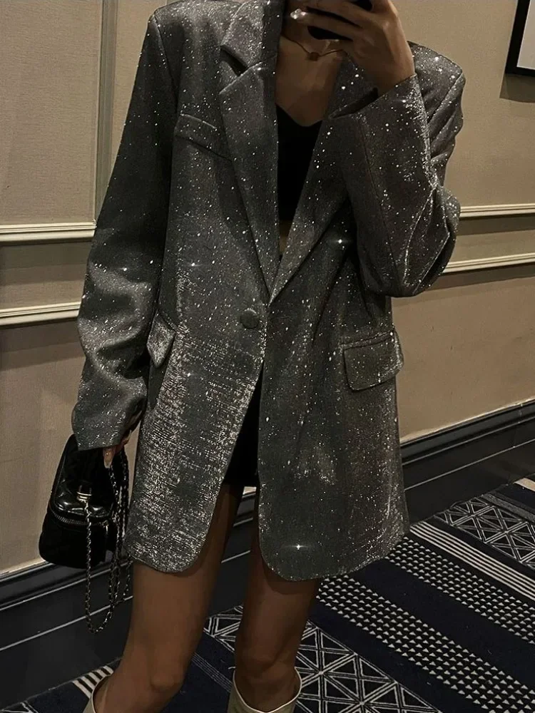 Sequin Glitter Pocket Lapel Coat - Image 4