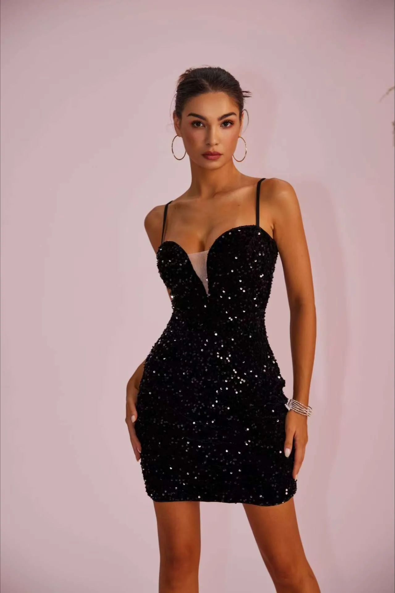 Sequin Panel Sheer Slim-Fit Split Cami Party Dress - Image 2
