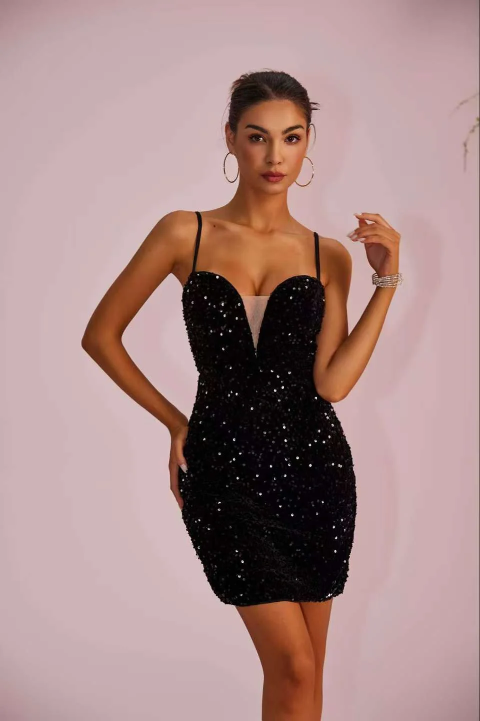 Sequin Panel Sheer Slim-Fit Split Cami Party Dress - Image 3