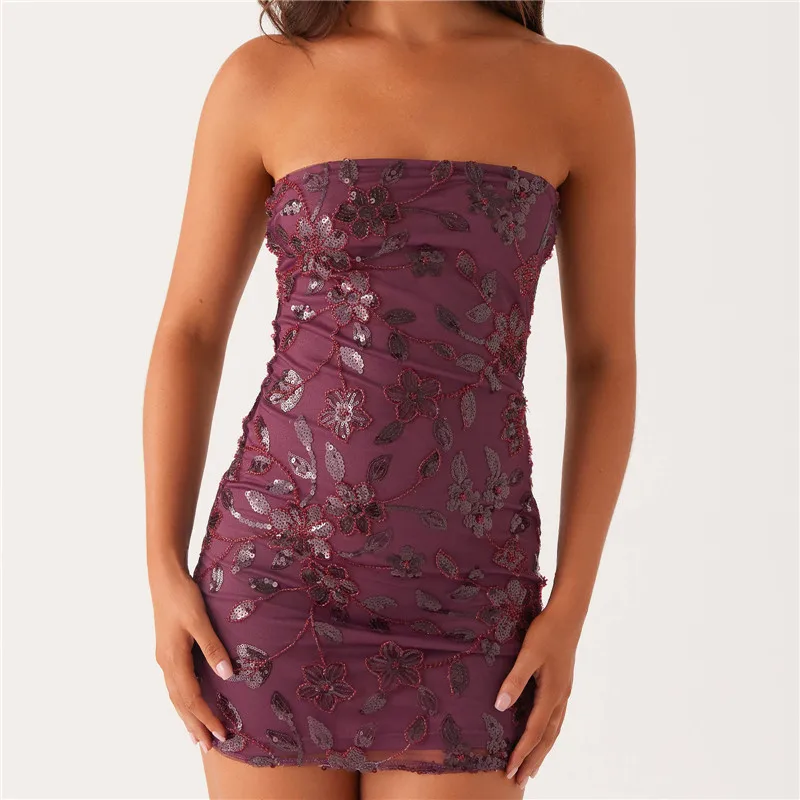 Sequin Strapless Glitter Floral Dress