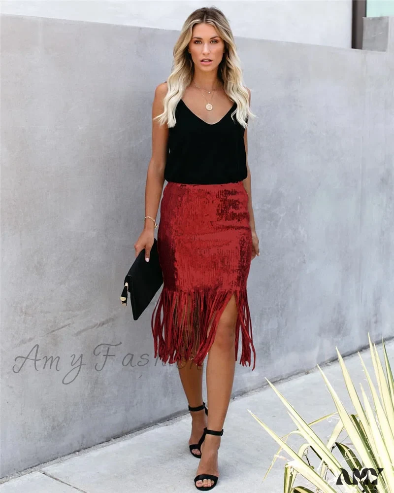 2024 Sequin Tassel Tight Midi Skirt - Image 11