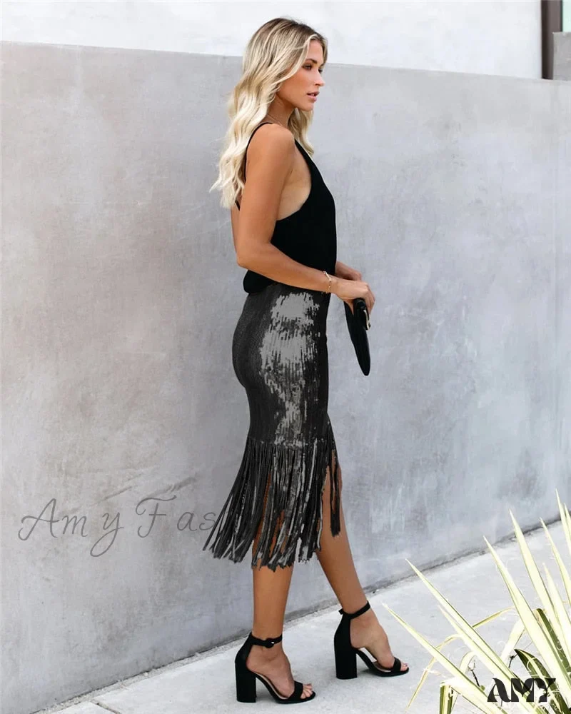 2024 Sequin Tassel Tight Midi Skirt - Image 17