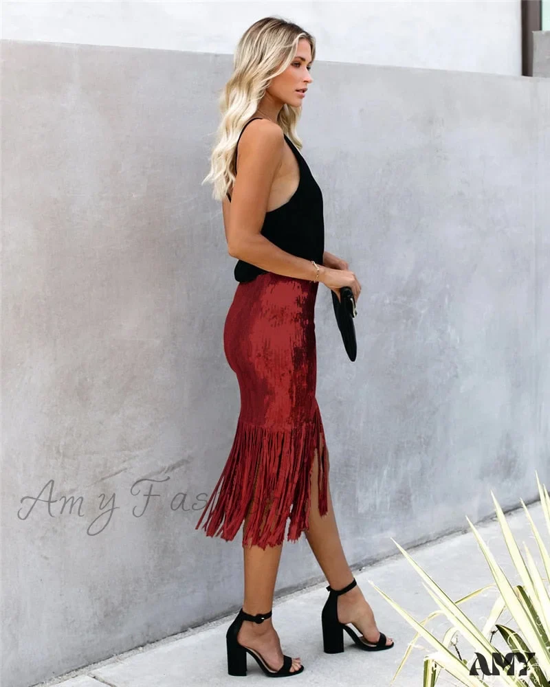2024 Sequin Tassel Tight Midi Skirt - Image 19