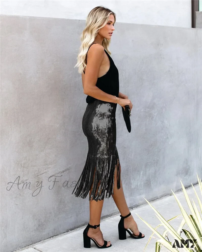 2024 Sequin Tassel Tight Midi Skirt - Image 4