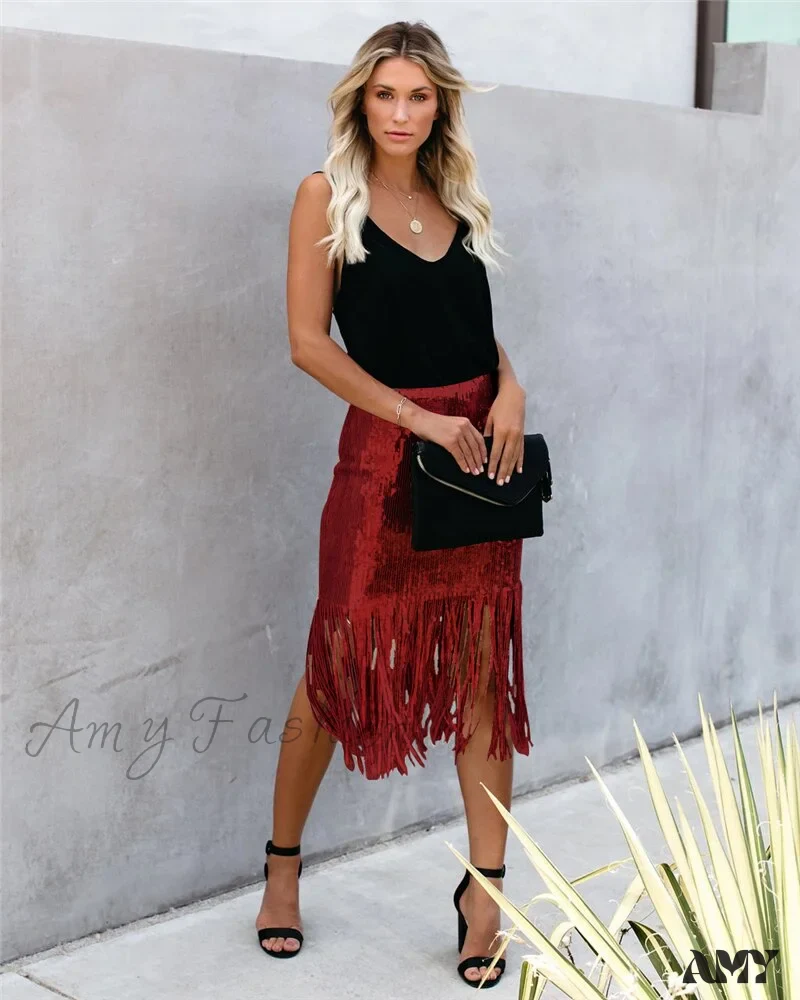 2024 Sequin Tassel Tight Midi Skirt - Image 6