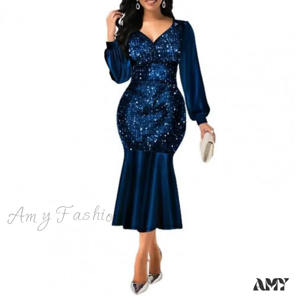 Amy Fashion - Sequin V Neck Shiny Long Sleeve Patchwork Dress - Image 2