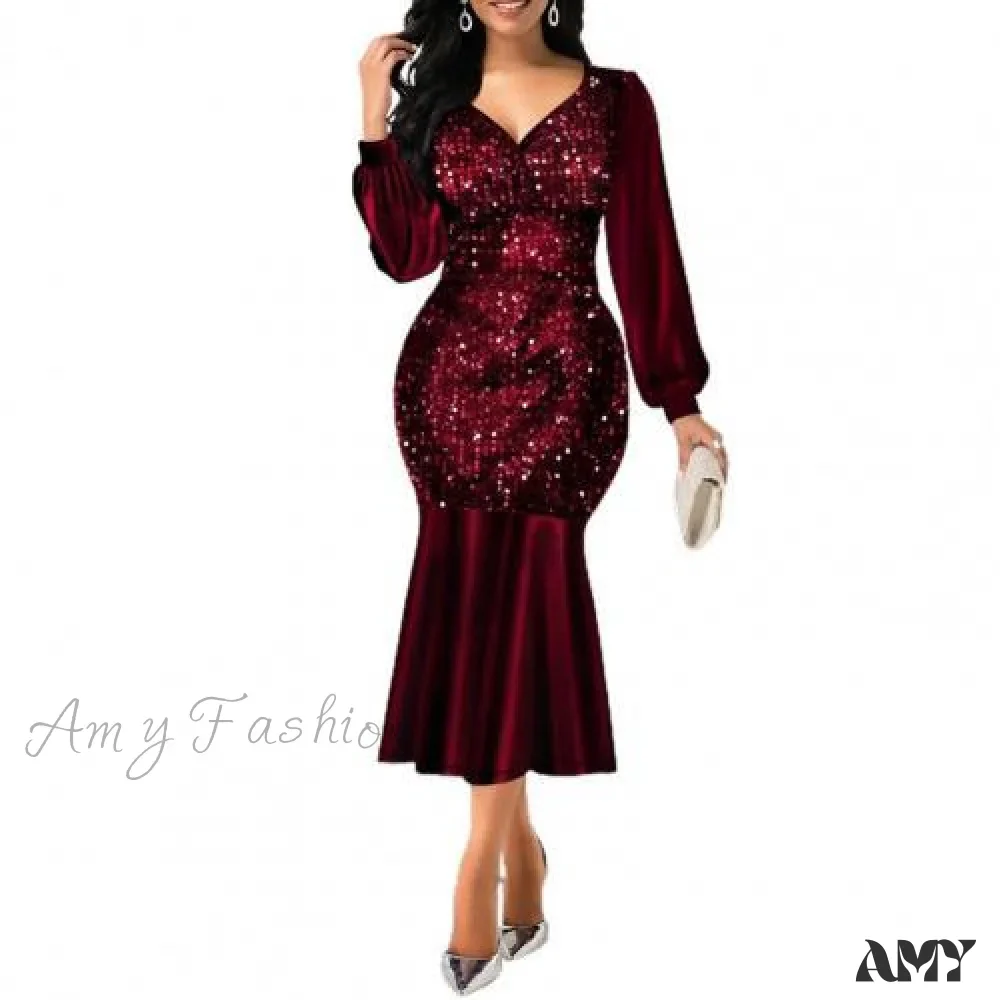 Amy Fashion - Sequin V Neck Shiny Long Sleeve Patchwork Dress - Image 3