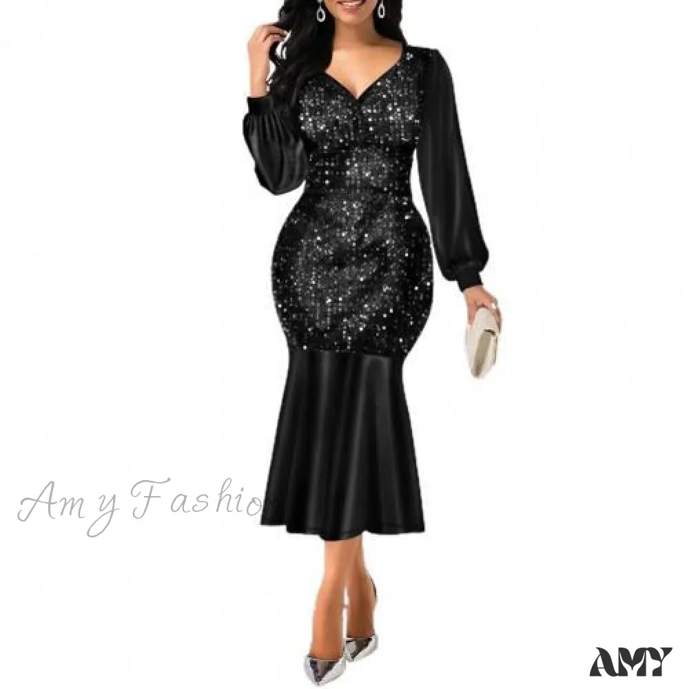 Amy Fashion - Sequin V Neck Shiny Long Sleeve Patchwork Dress - Image 4