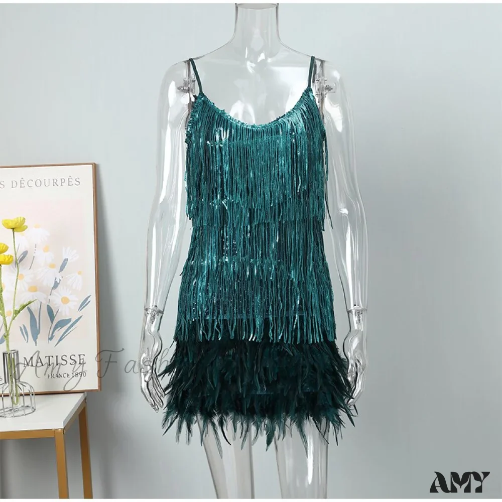 Amy Fashion - Feather Spaghetti Strap Sexy Stitching Mini Dress - Image 3