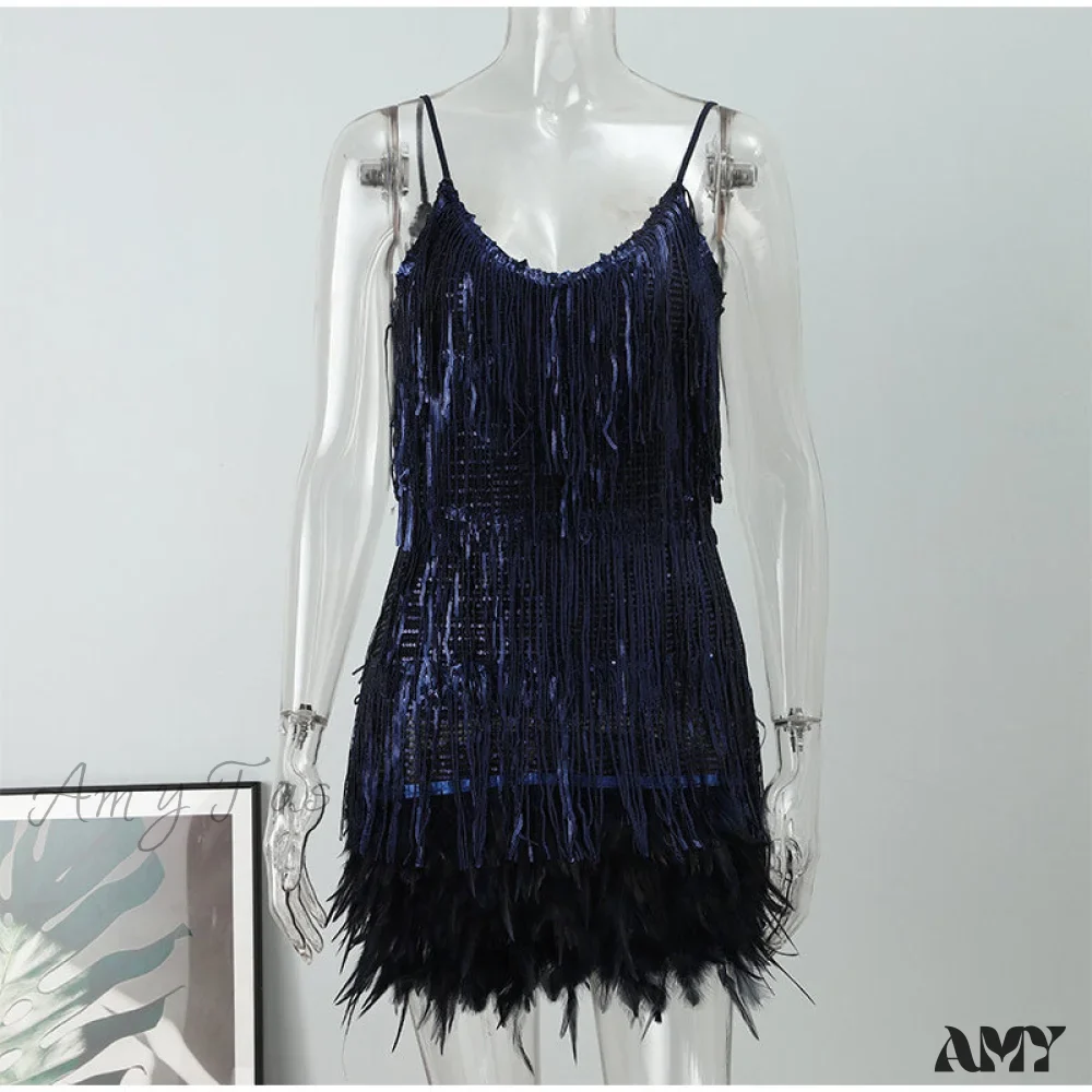 Amy Fashion - Feather Spaghetti Strap Sexy Stitching Mini Dress - Image 4