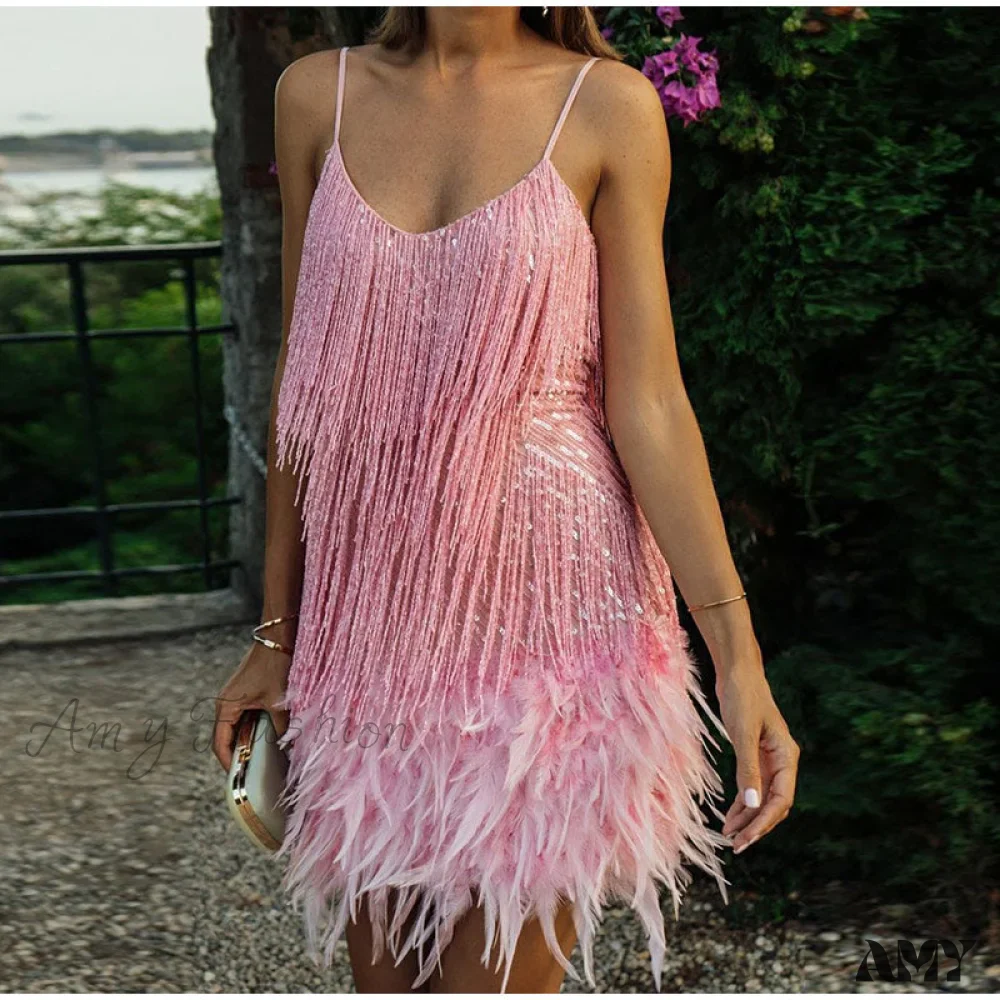 Amy Fashion - Feather Spaghetti Strap Sexy Stitching Mini Dress - Image 5