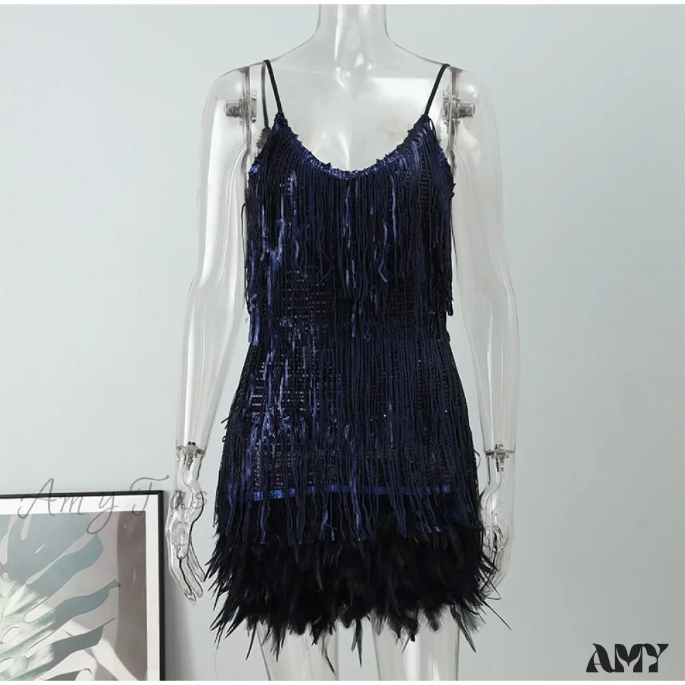 Amy Fashion - Feather Spaghetti Strap Sexy Stitching Mini Dress - Image 7