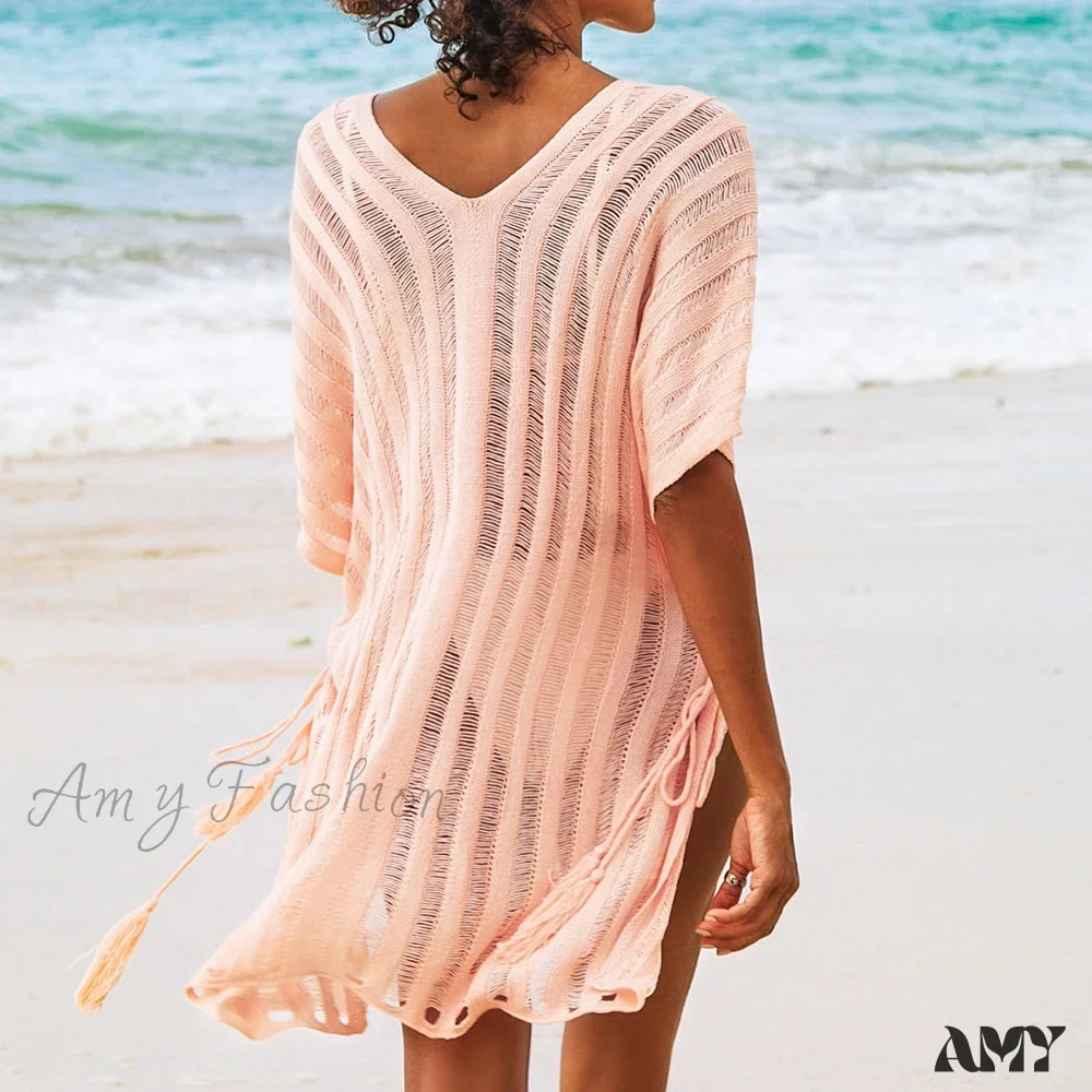 Amy Fashion - Sexy Bat Sleeve Loose Casual Hollow Out T-shirt Dress - Image 5