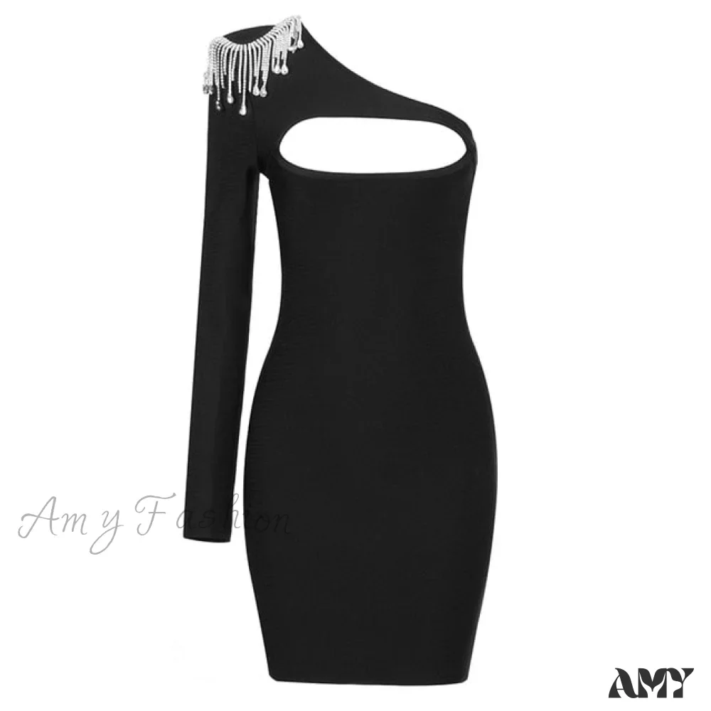 Amy Fashion - Sexy Beading One Shoulder Bodycon Mini Dress - Image 2