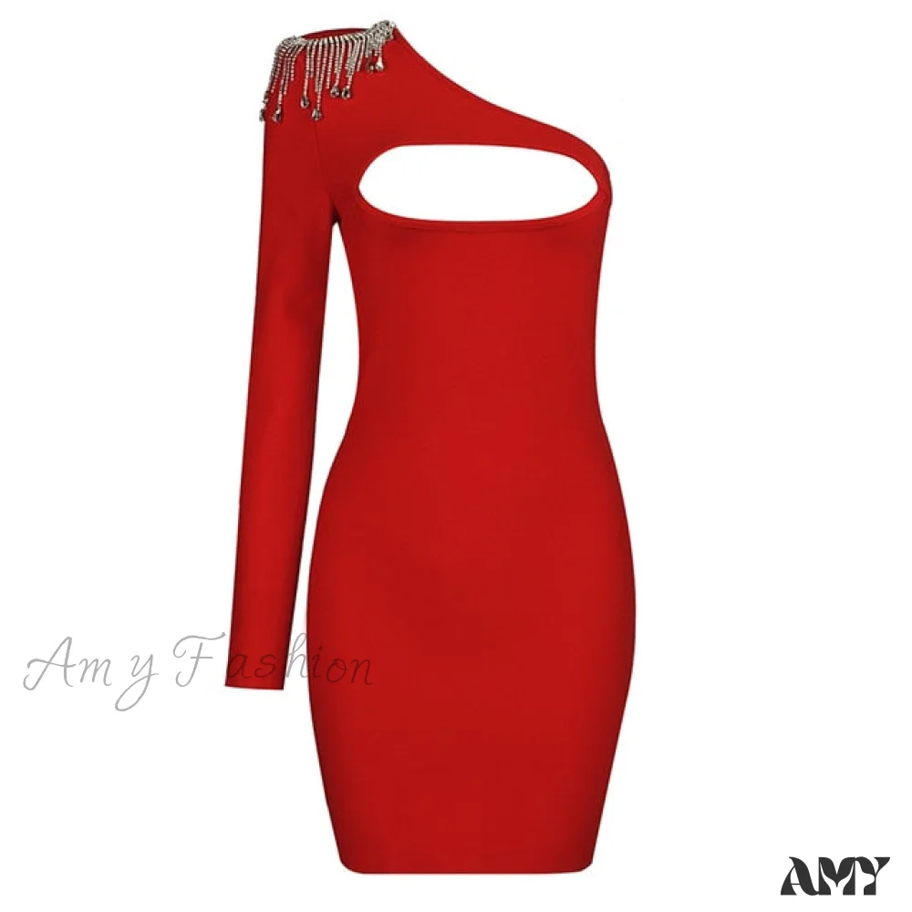 Amy Fashion - Sexy Beading One Shoulder Bodycon Mini Dress - Image 3