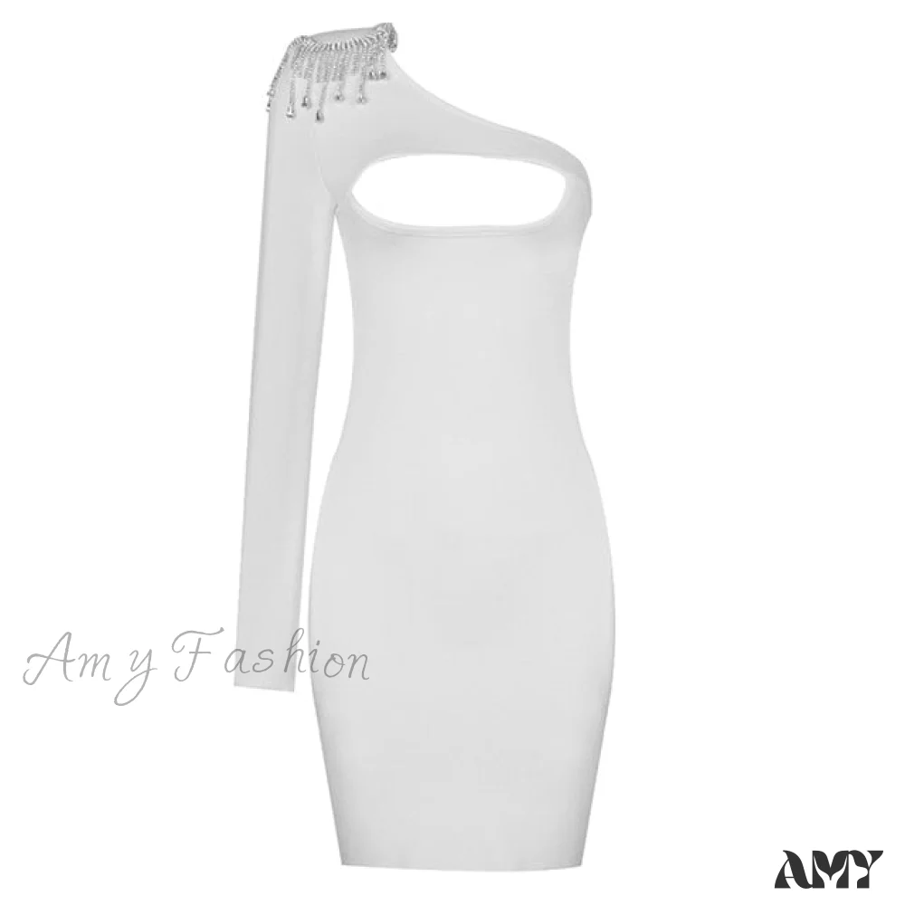 Amy Fashion - Sexy Beading One Shoulder Bodycon Mini Dress - Image 4