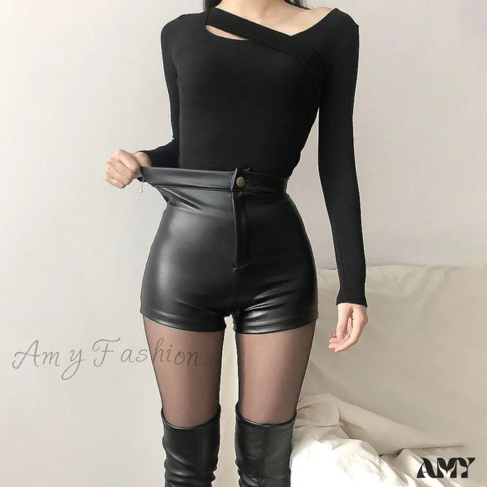 Amy Fashion - Sexy Black PU Fashion Casual Shorts - Image 3