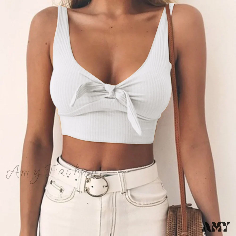 Amy Fashion - Sexy Bow Tank Tops For Women Bare Midriff Basic Crop Top - Image 16