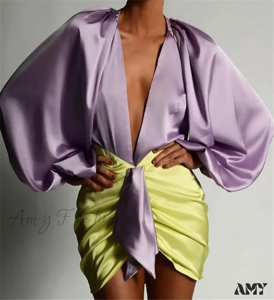 Amy Fashion - Sexy Deep V-neck Satin Two Piece Set - Image 9