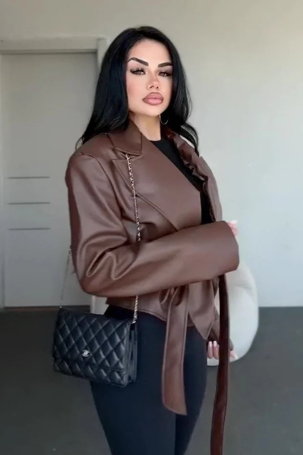 Sexy Fitted Leather V-Neck Tie-Waist Jacket - Image 2