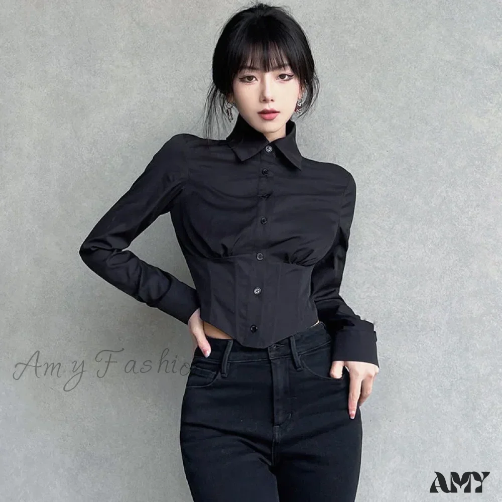 Sexy Folds Gothic Black Short Top Blouse - Image 2