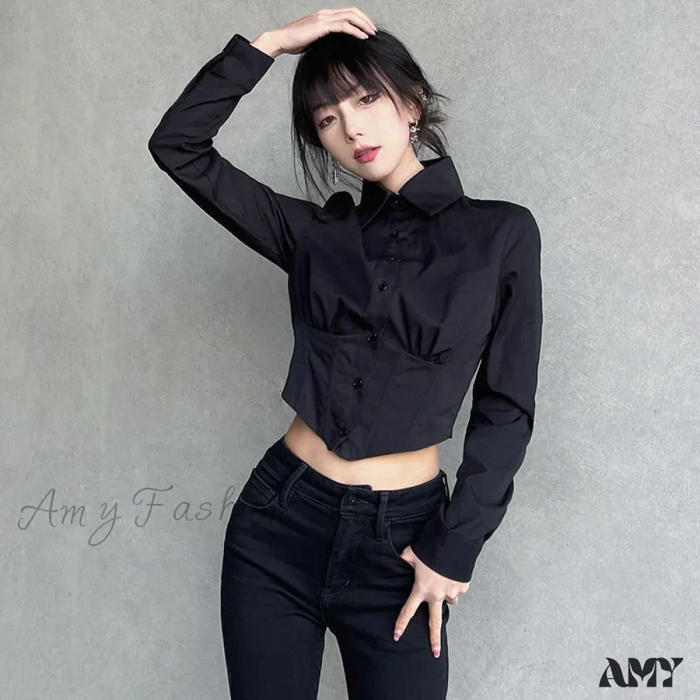 Sexy Folds Gothic Black Short Top Blouse - Image 3