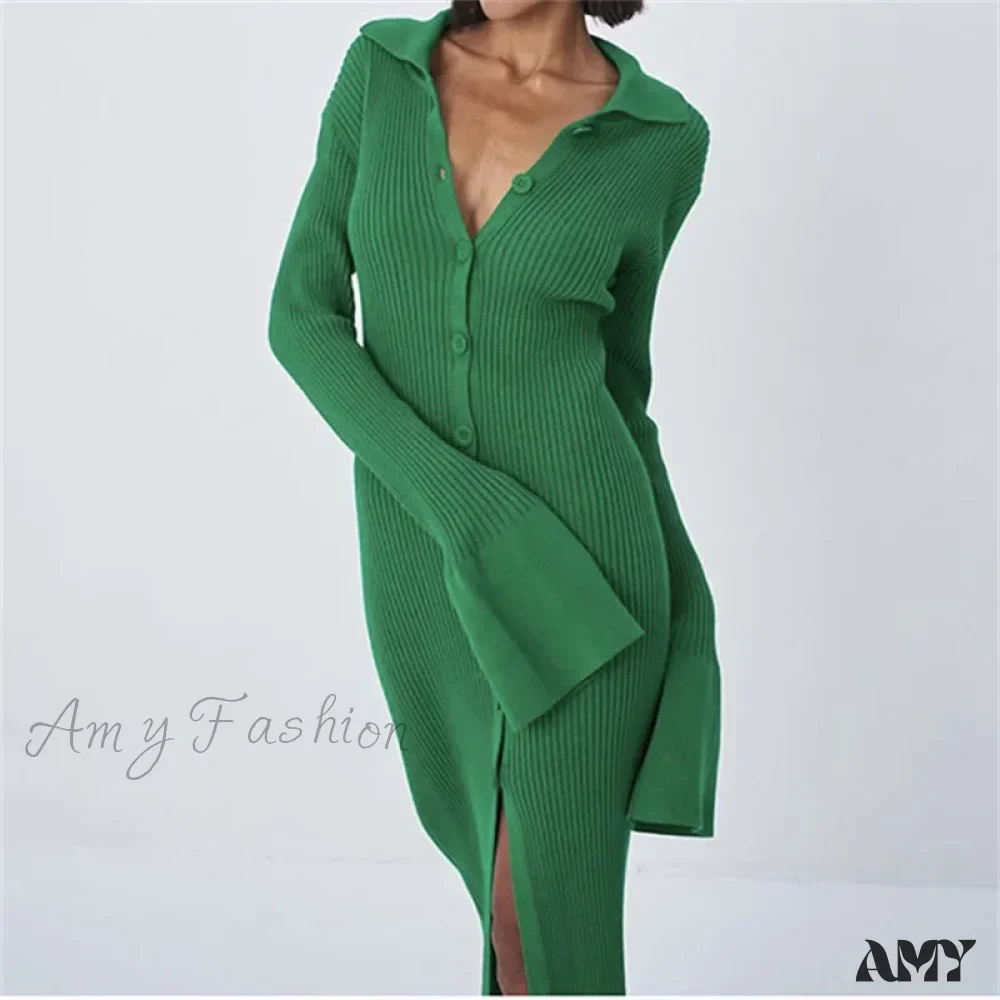 Amy Fashion - Sexy Knitted Cardigan Women  Female Fashion Slim Solid Autumn Winter  Flare Sleeve Female Vestidos - Image 2
