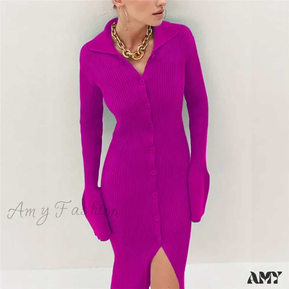 Amy Fashion - Sexy Knitted Cardigan Women  Female Fashion Slim Solid Autumn Winter  Flare Sleeve Female Vestidos - Image 3