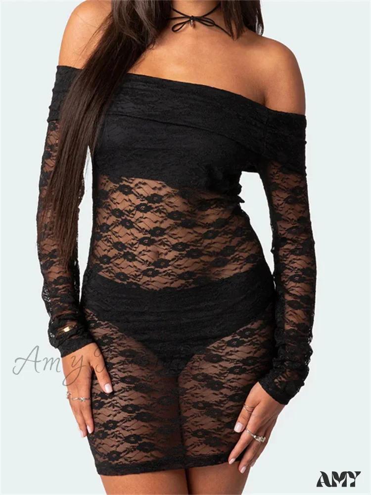 Amy Fashion - Sexy Off Shoulder Lace Fashion Long Sleeve Mini Dress