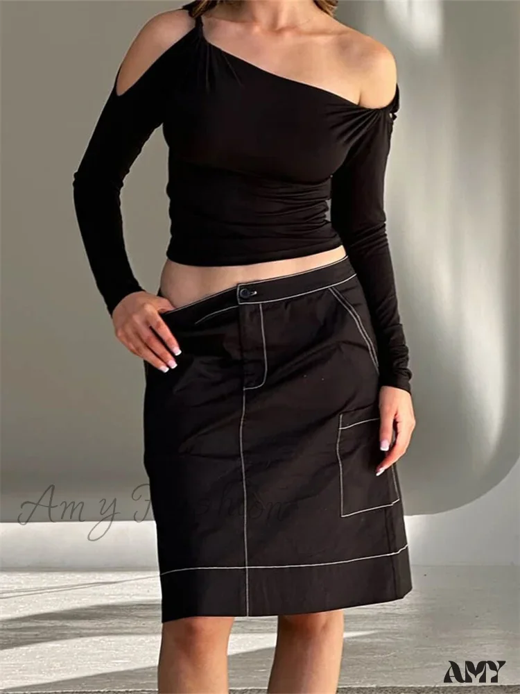 Amy Fashion - Sexy Off Shoulder Long Sleeve  Neck Solid Color Slim Fit  T-shirts - Image 2