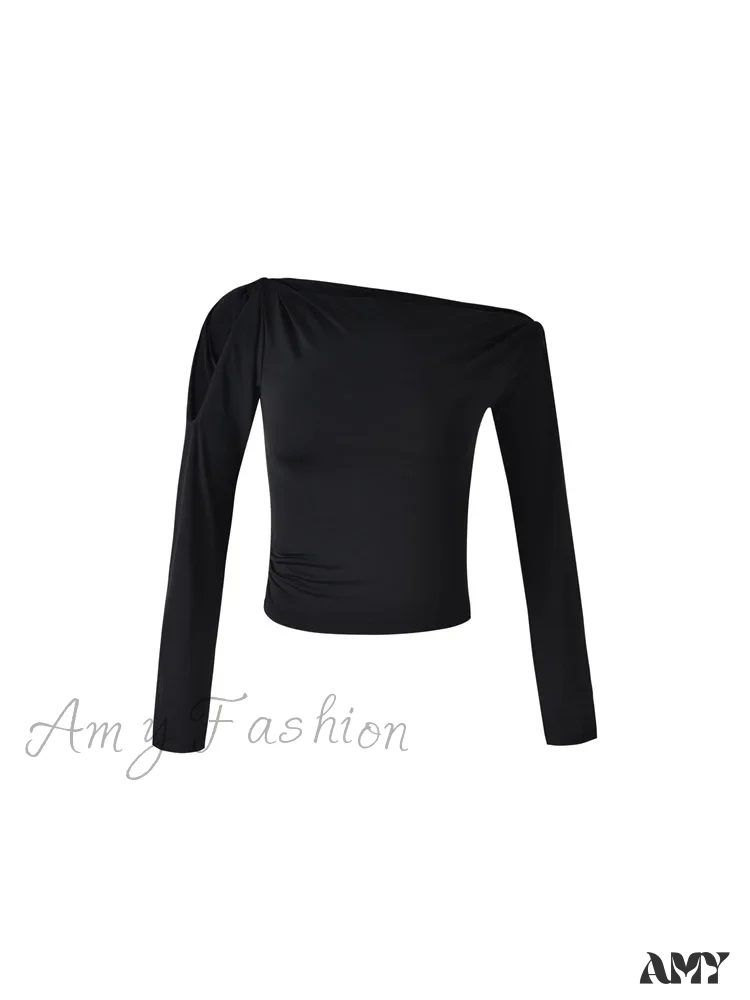 Amy Fashion - Sexy Off Shoulder Long Sleeve  Neck Solid Color Slim Fit  T-shirts - Image 3