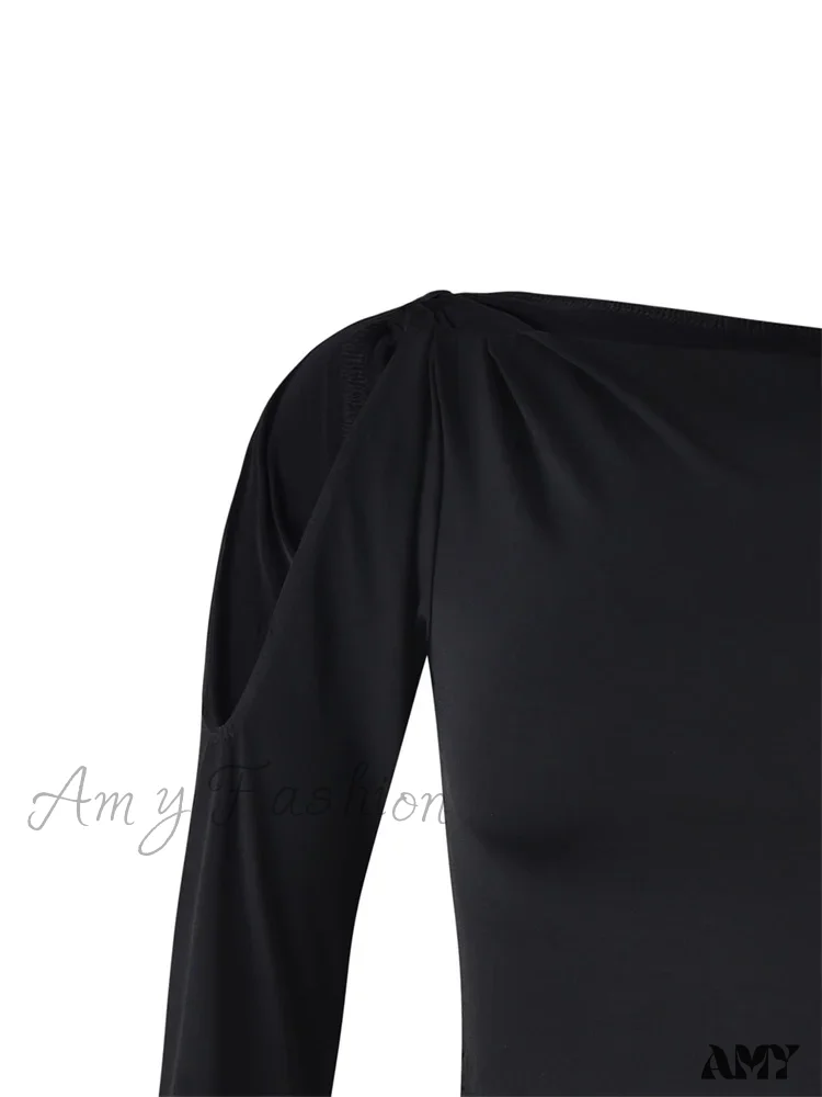 Amy Fashion - Sexy Off Shoulder Long Sleeve  Neck Solid Color Slim Fit  T-shirts - Image 5