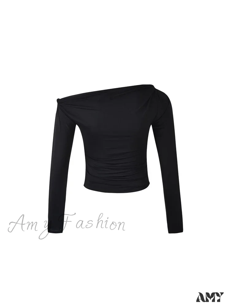 Amy Fashion - Sexy Off Shoulder Long Sleeve  Neck Solid Color Slim Fit  T-shirts - Image 6