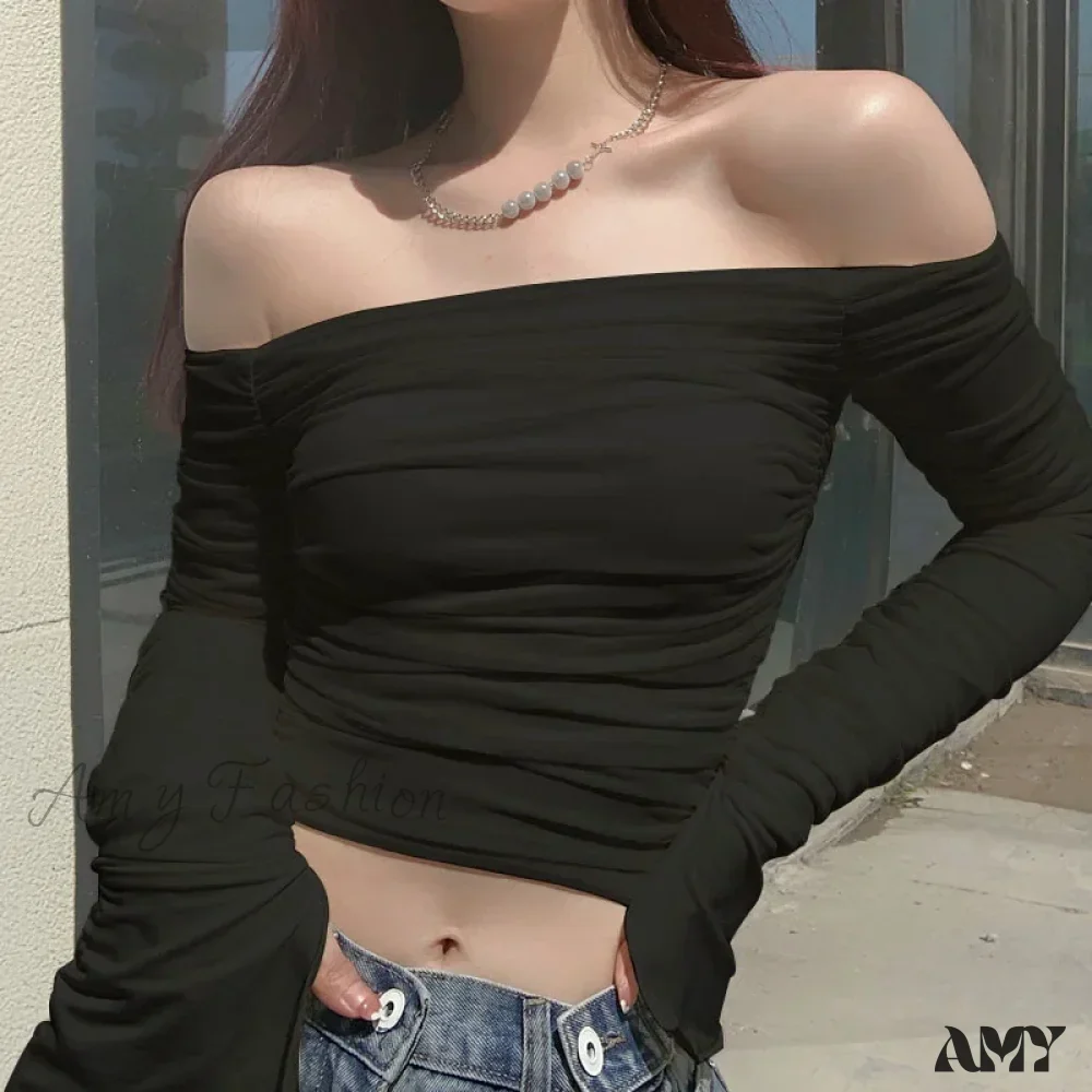 Sexy Off Shoulder Mesh Flare Long Sleeve Slim Fitting Crop Top - Image 4