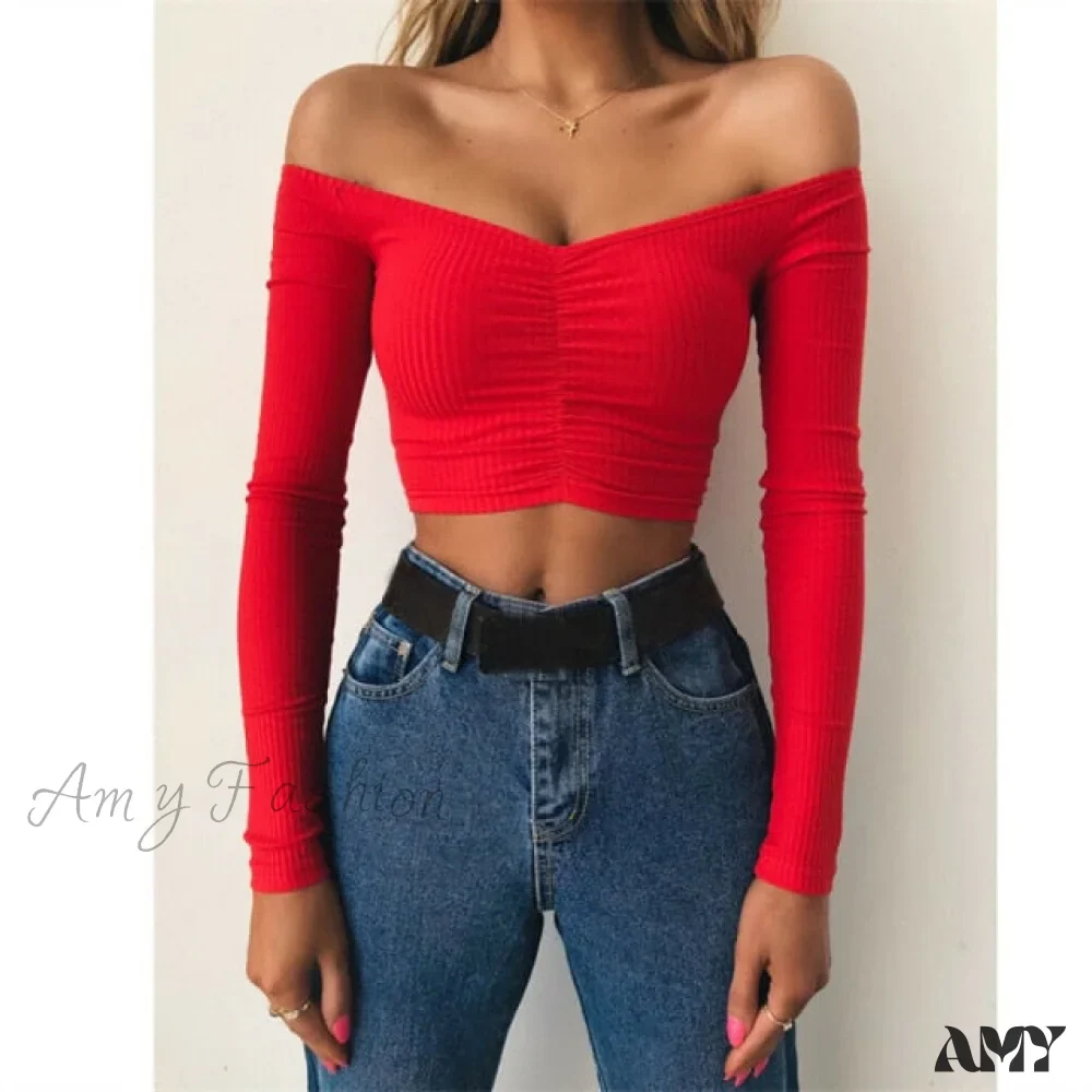 Amy Fashion - Sexy Off Shoulder Solid Color Umbilical Tops - Image 3