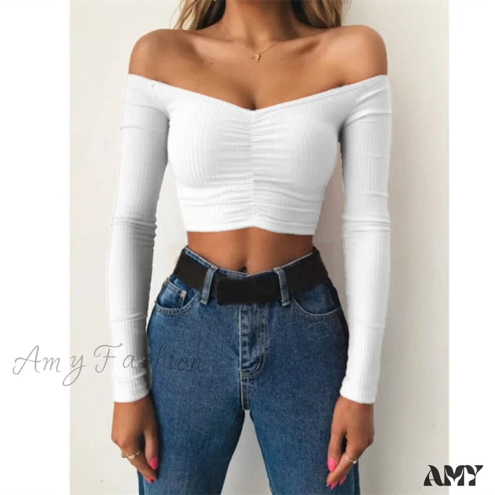 Amy Fashion - Sexy Off Shoulder Solid Color Umbilical Tops - Image 4