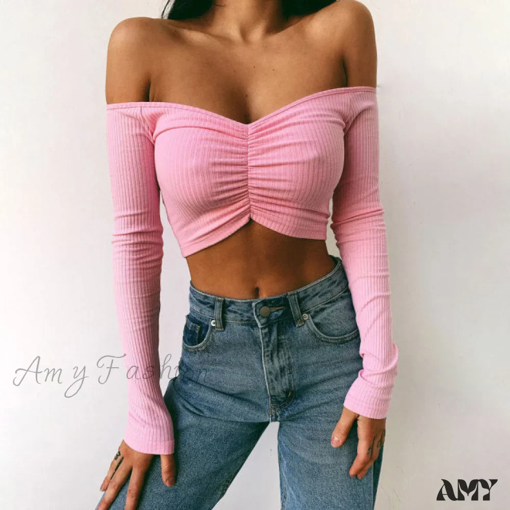 Amy Fashion - Sexy Off Shoulder Solid Color Umbilical Tops - Image 5