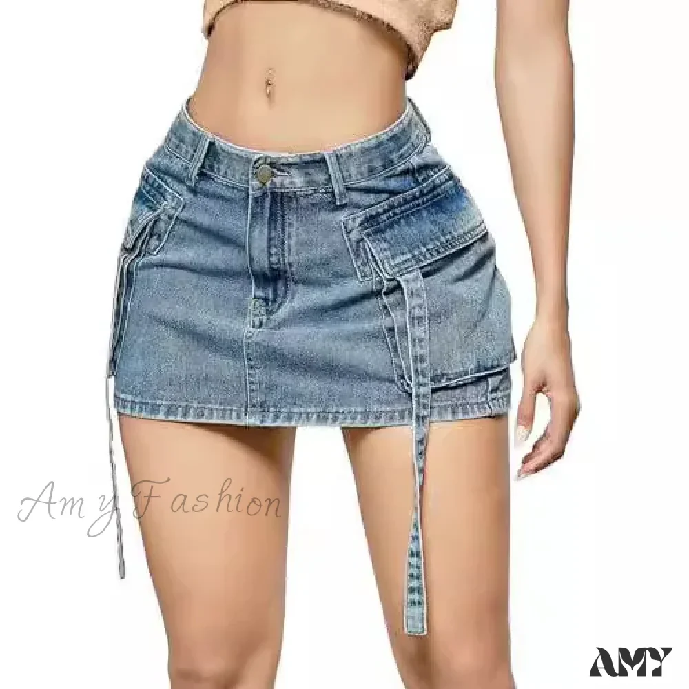 Sexy Short Slim Fit Casual Regular Elegant Splice Denim High Waist Hip Wrap A-Line Skirt - Image 2