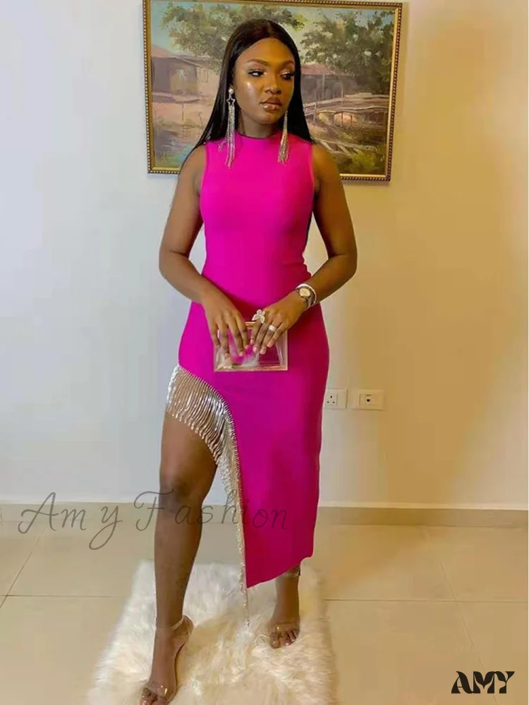 Amy Fashion - Sexy Sleeveless Tassel Diamonds Bodycon Bandage Dress - Image 6