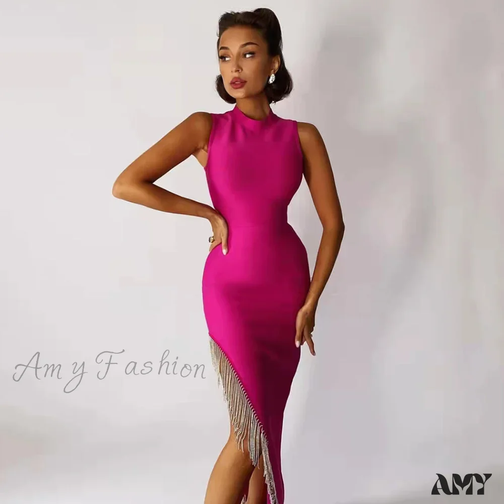 Amy Fashion - Sexy Sleeveless Tassel Diamonds Bodycon Bandage Dress - Image 8