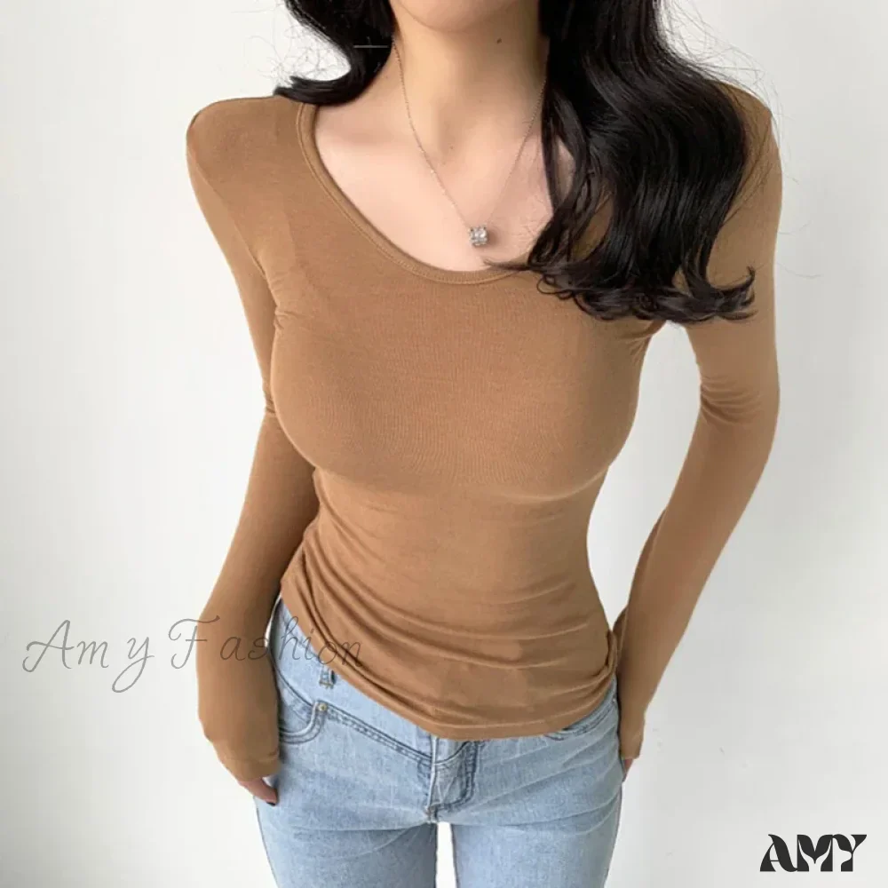 Sexy Slim Bodycon O Neck Soild Basic Casual Crop Top - Image 11