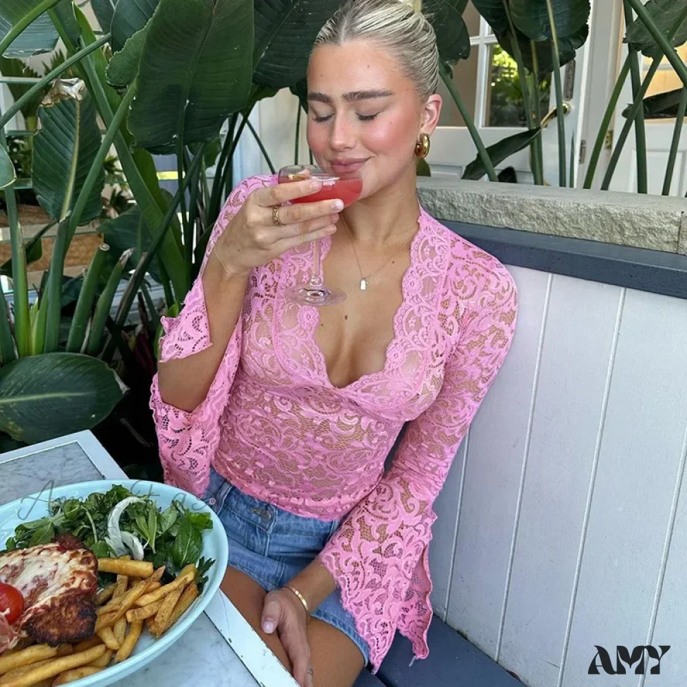 Sexy Soild Lace Streetwear Long Sleeve Fashion Bodycon Crop Top - Image 2