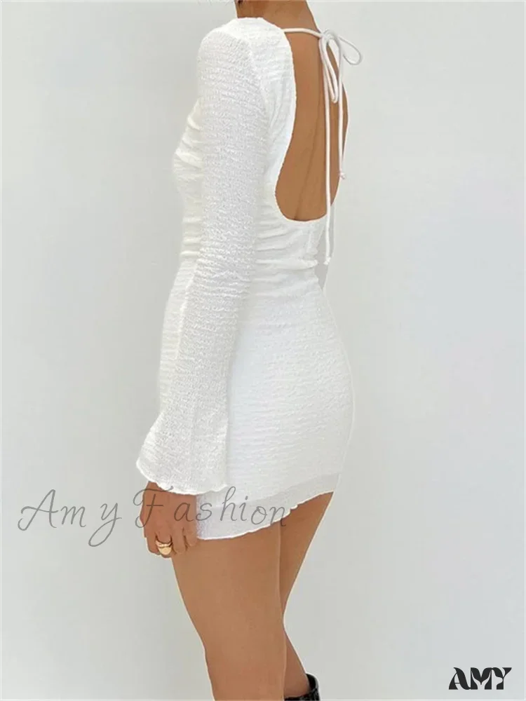 Amy Fashion - Sexy Solid Bodycon Solid Color Long Sleeve Spring Mini Dress - Image 2