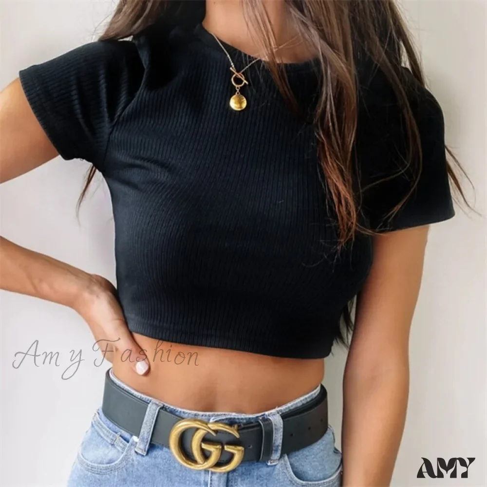 Amy Fashion - Sexy Streetwear Ribber Black Short Sleeve Tops - Image 7